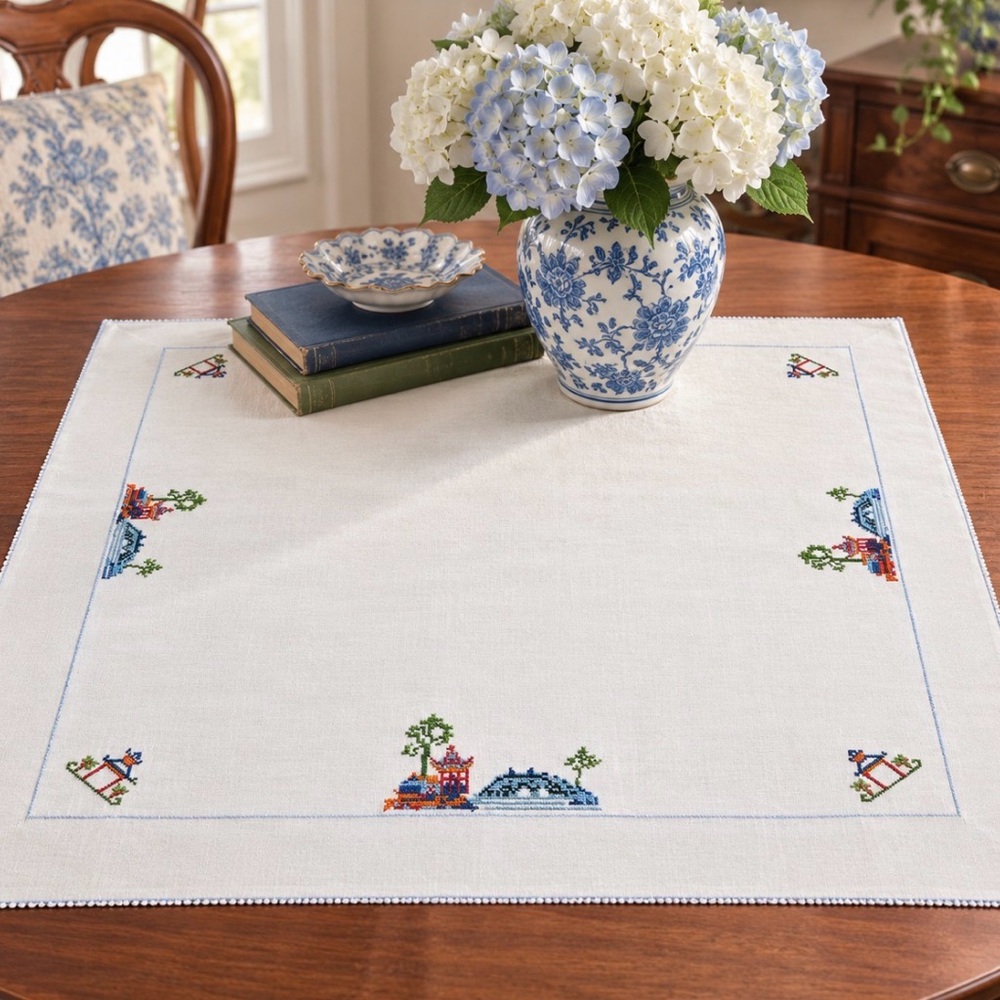 Vintage Hand Embroidered Linen Table Topper 32” Square Asian Pagoda Bridge